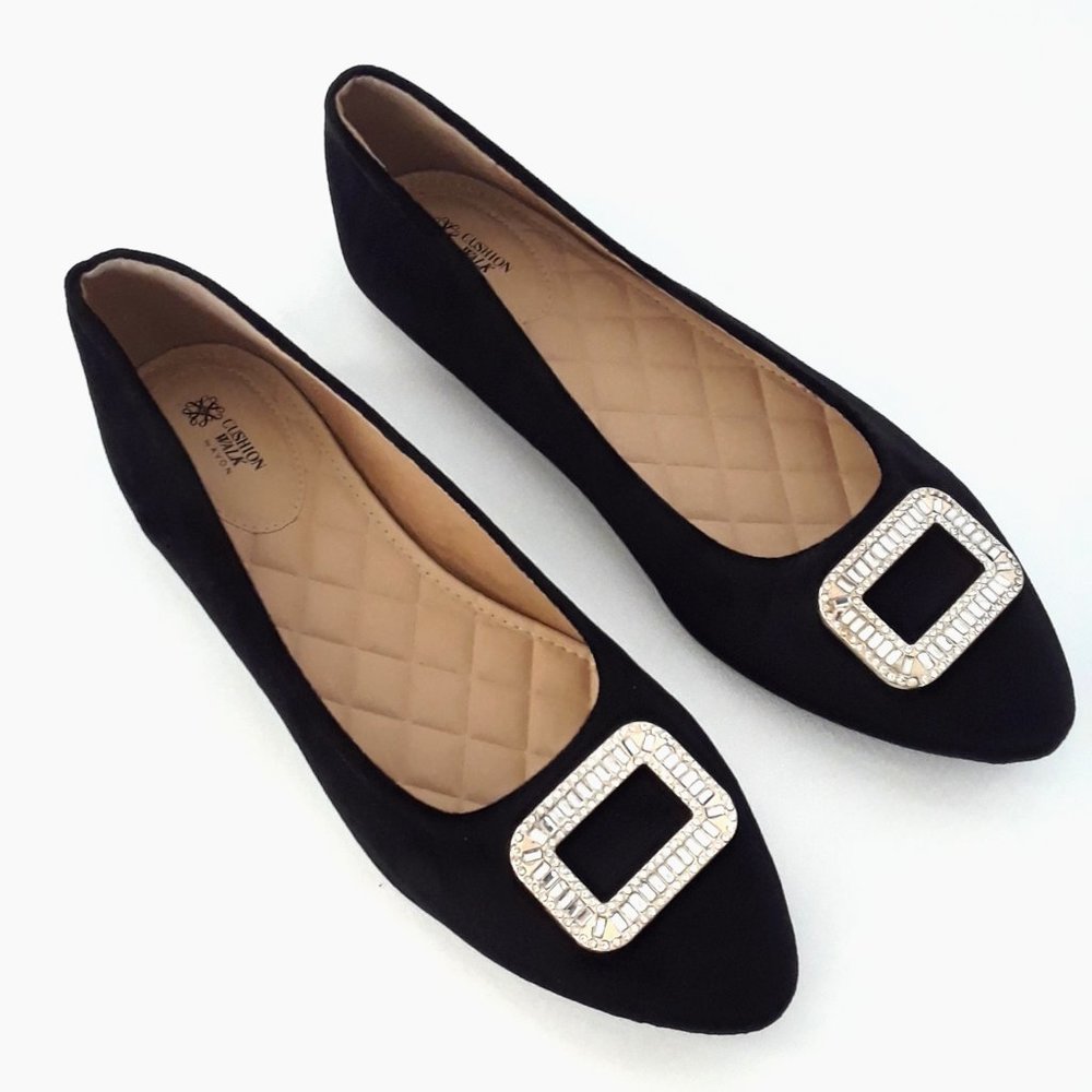 Black Velvet Rhinestone Buckle Pointed Toe Ballet Flats - Picture 2 of 15